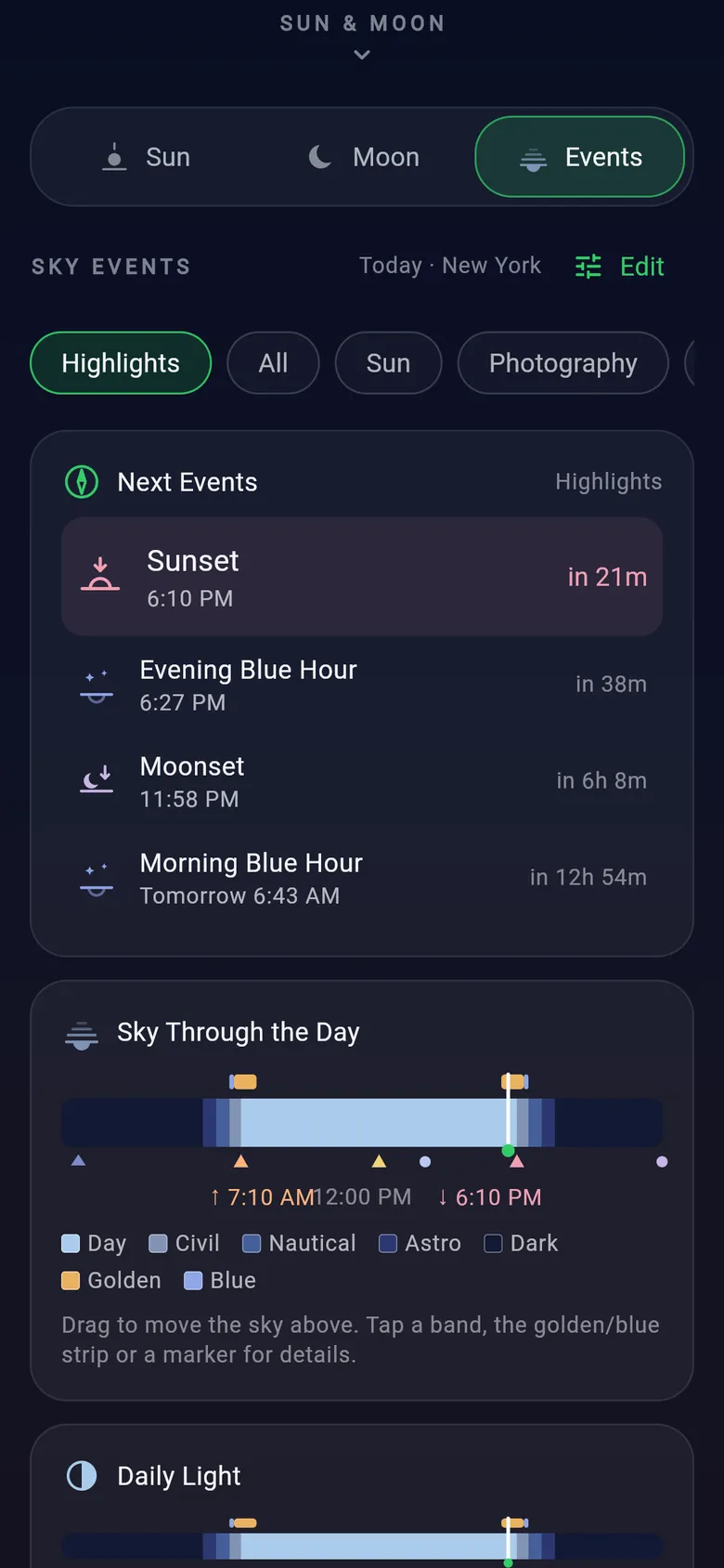 Dayclipse Events tab: filter chips, the next events list and the Sky Through the Day timeline with day, civil, nautical, astronomical, golden and blue bands.