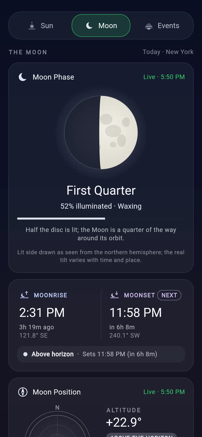 Dayclipse Moon tab: First Quarter Moon, 52% illuminated and waxing, with moonrise at 2:31 PM and moonset at 11:58 PM.