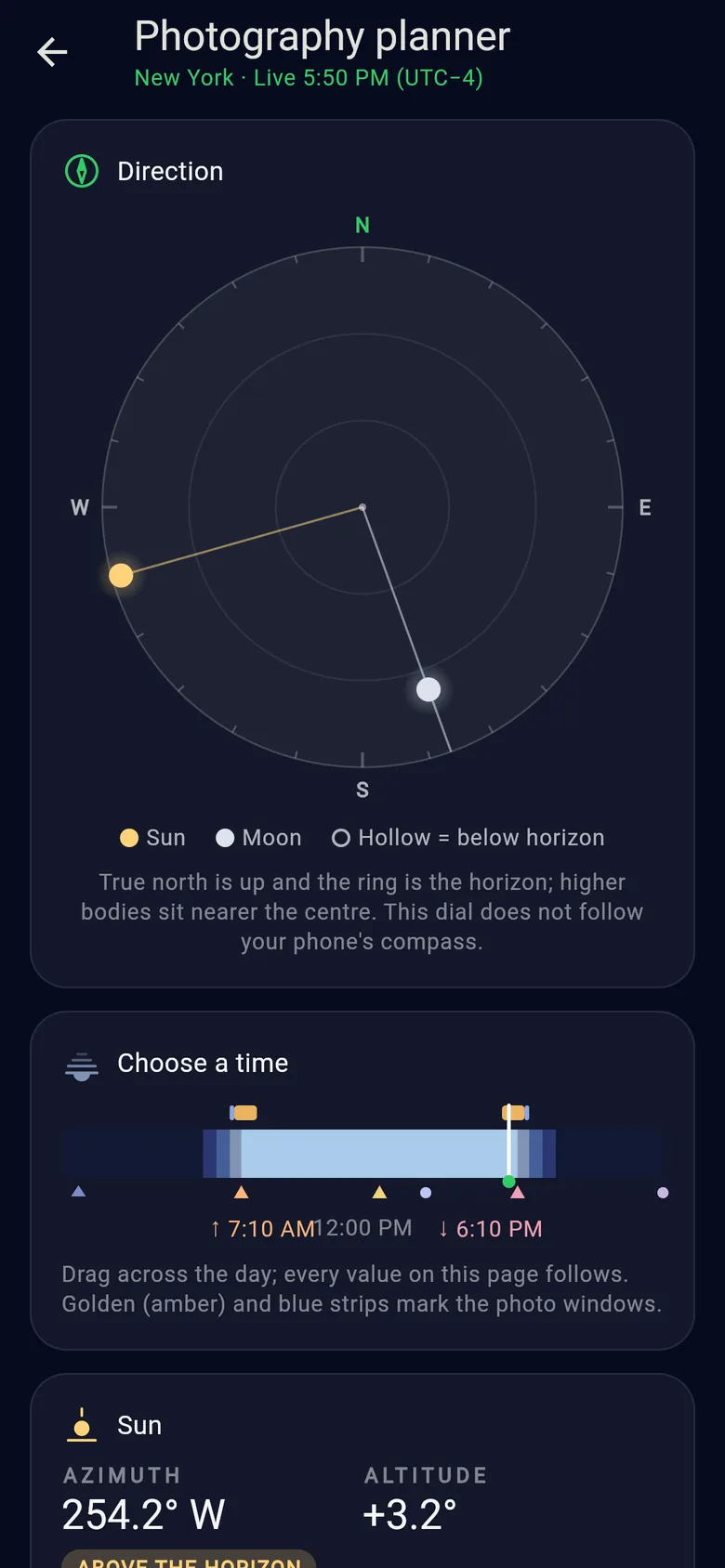 Dayclipse photography planner: a true-north direction dial showing the Sun in the west and the Moon in the south, and a time slider with golden and blue hour strips.