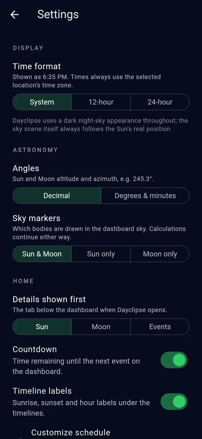 Dayclipse settings: time format, angle notation, sky markers, details shown first, countdown and timeline label options.