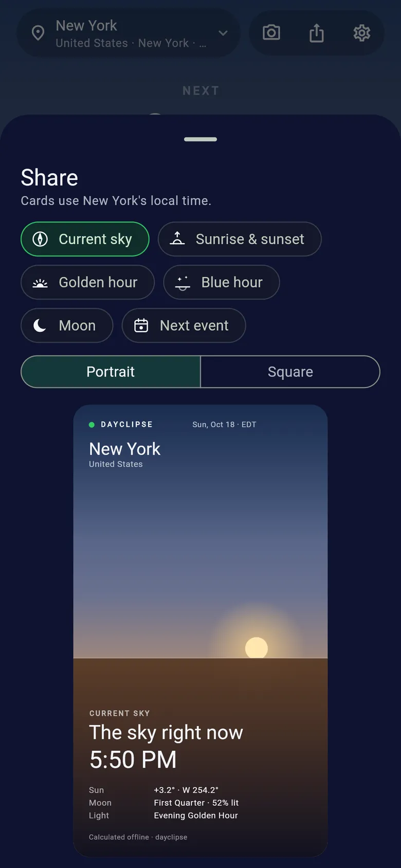 Dayclipse share sheet with card types (current sky, sunrise and sunset, golden hour, blue hour, Moon, next event), portrait or square format, and a preview card.