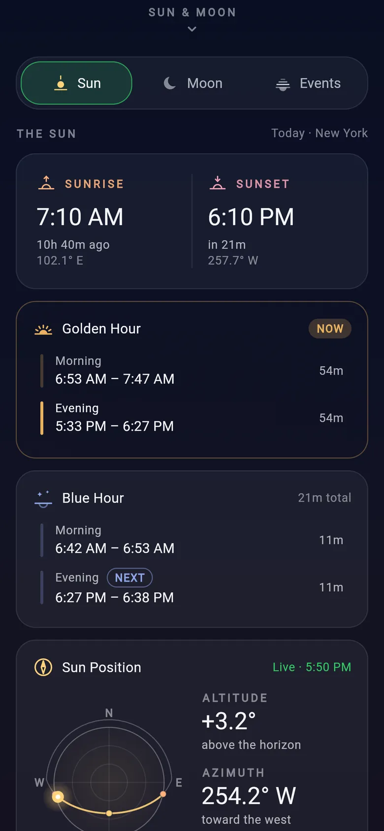 Dayclipse Sun tab: sunrise 7:10 AM and sunset 6:10 PM, morning and evening golden hour windows, blue hour windows and the Sun Position card.